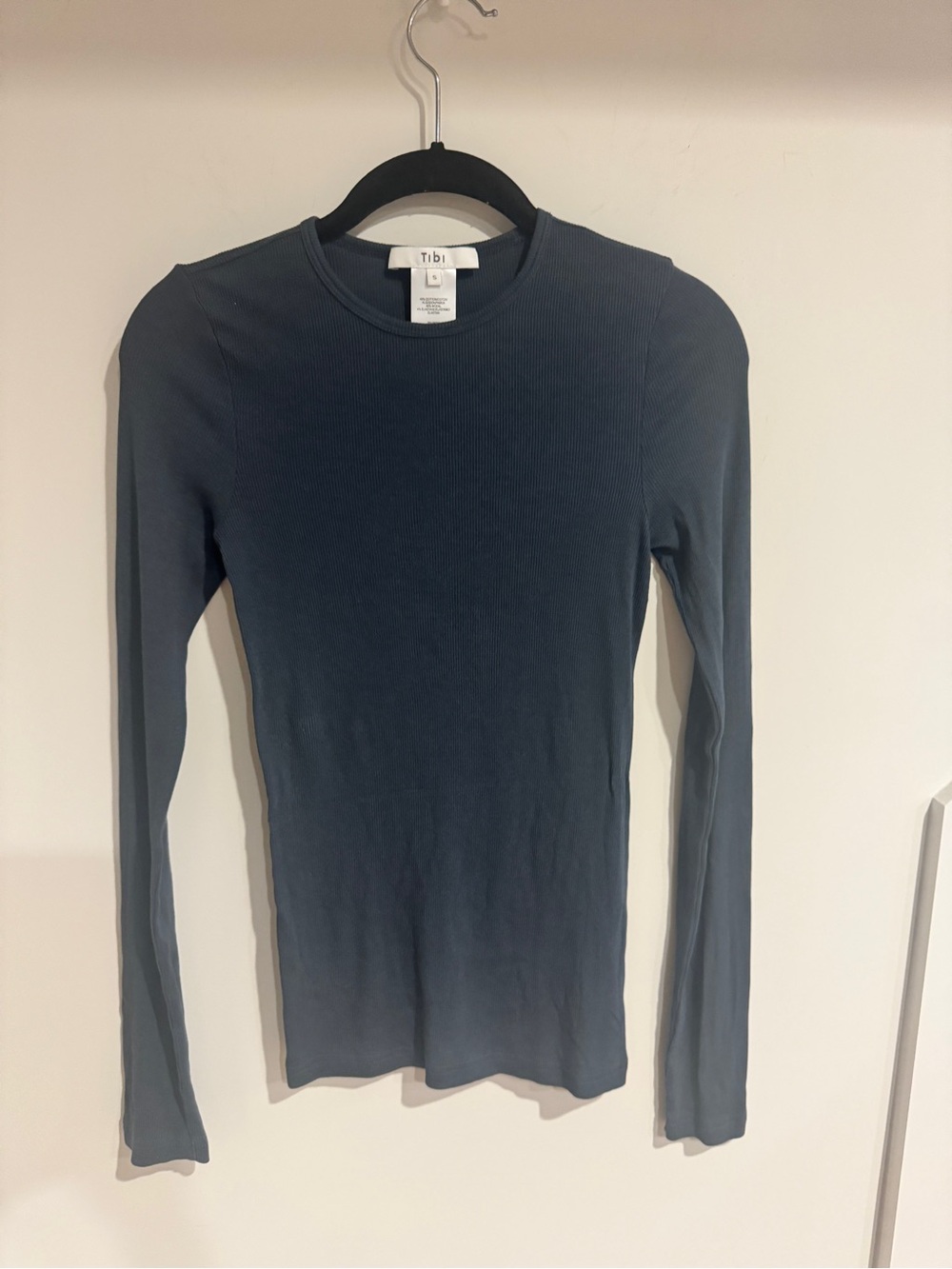 Tibi Slim Ribbed Long Sleeve Crewneck - Slate Blue